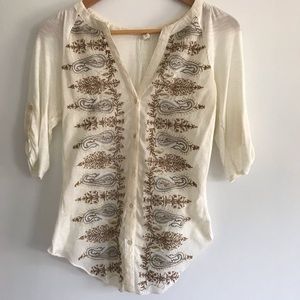 Anthropologie Ivory and Tan Embroidered Button Down Shirt